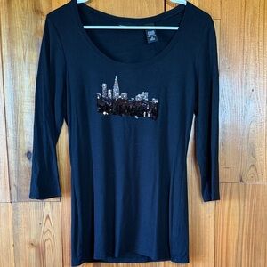New York & Company Black Sequin Cityscape Long Sleeve Top